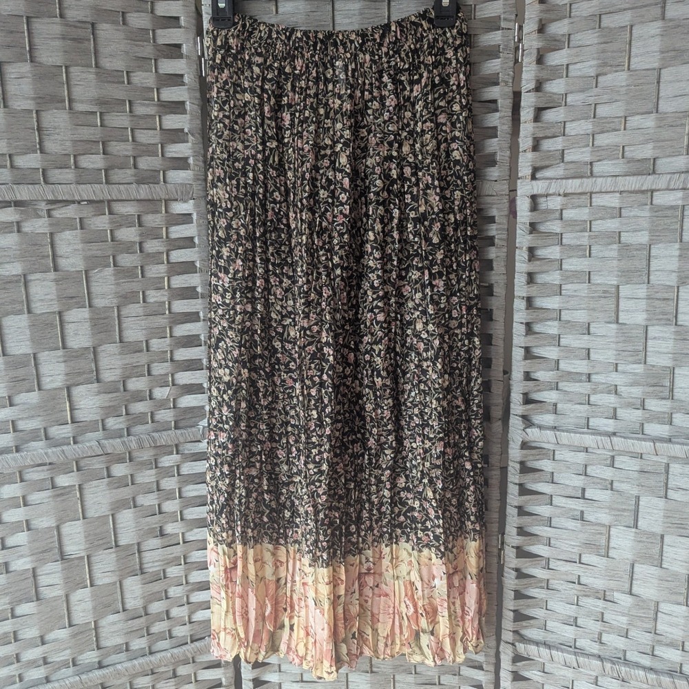 Vtg 90s‎ Floral Pleated Crinkle Maxi Skirt Black Pink Semi Sheer Cottagecore 6